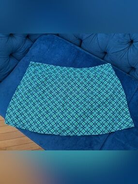 Lands End Navy and Green Geometric Print Swim Skirt SZ 16